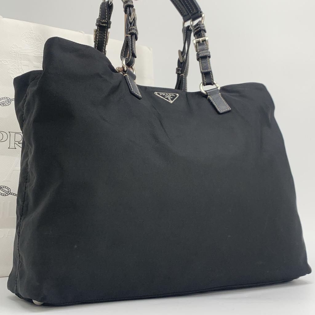 PRADA Tessuto Nylon Hand Tote Bag Shoulder Bag Triangle Logo Plate Silver Hardware Saffiano Leather Black A4 Size