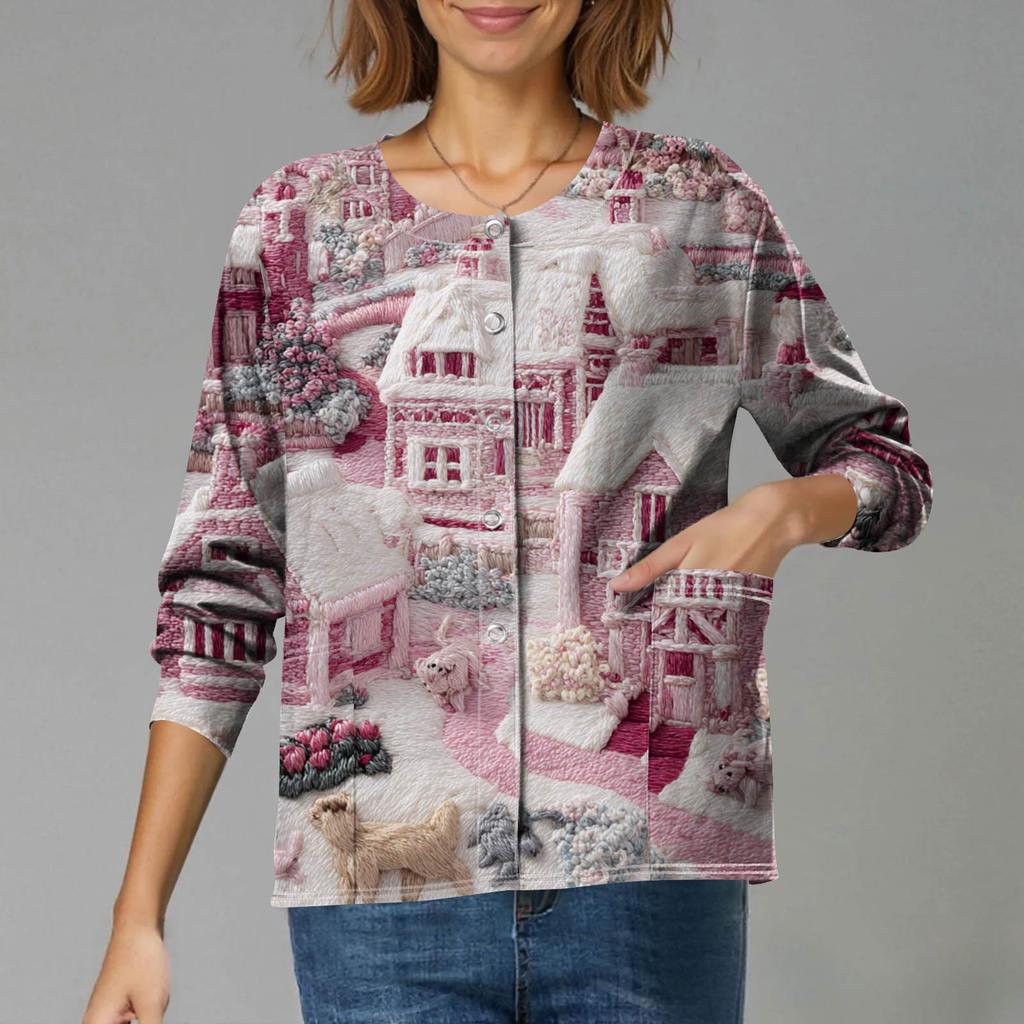 Women's Casual Long-Sleeved Single-Breasted Christmas-Themed Print  Cardigan
