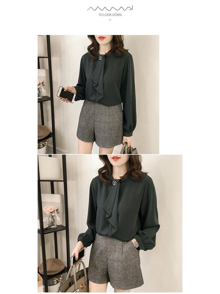 Women's Plus Size Autumn Lantern Sleeve Chiffon Shirt - Solid Color, Loose Fit, Long Sleeve, Korean Style