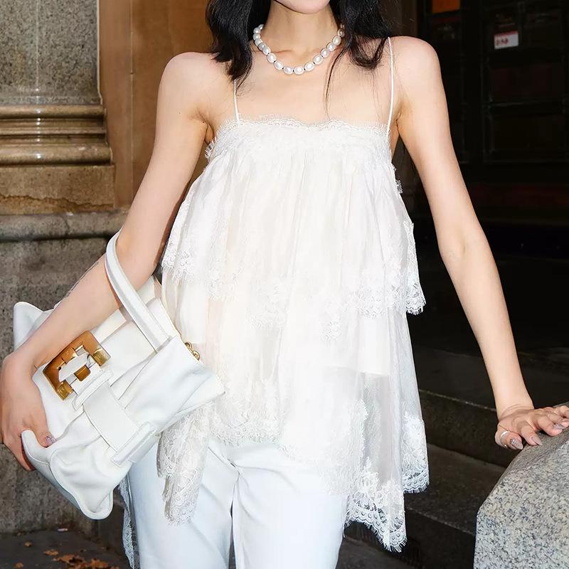 Coffee/Beige Lace Camisole - Women s Sexy French Retro Spring/Summer 2026 One Size бежевый