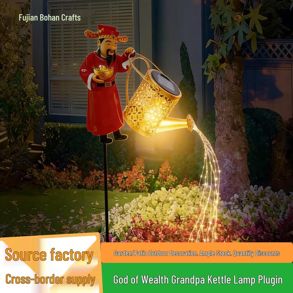 Retro Wrought Iron Solar Kettle Lamp with Copper Coin Design for Outdoor Courtyard Decor
