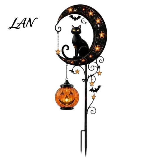 Dekorative Herbstblumenbeetleuchten Halloween Solar-Gartensteckerleuchte, Metall Schwarzkatze & Kürbis Mond Wasserdicht Strombetrieben Dekorationen für Rasen