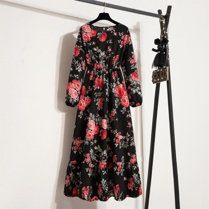 Spring Summer Fashion Floral Printed Full Sleeve O-neck Casual Dress Women Bohemian Party Long Dress Maxi Dresses