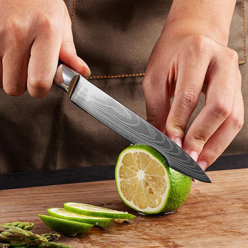 5PCS Damascus Chef Knife Damascus Kitchen Knife Wood Handle Paring Utility Santoku Slicing Chef