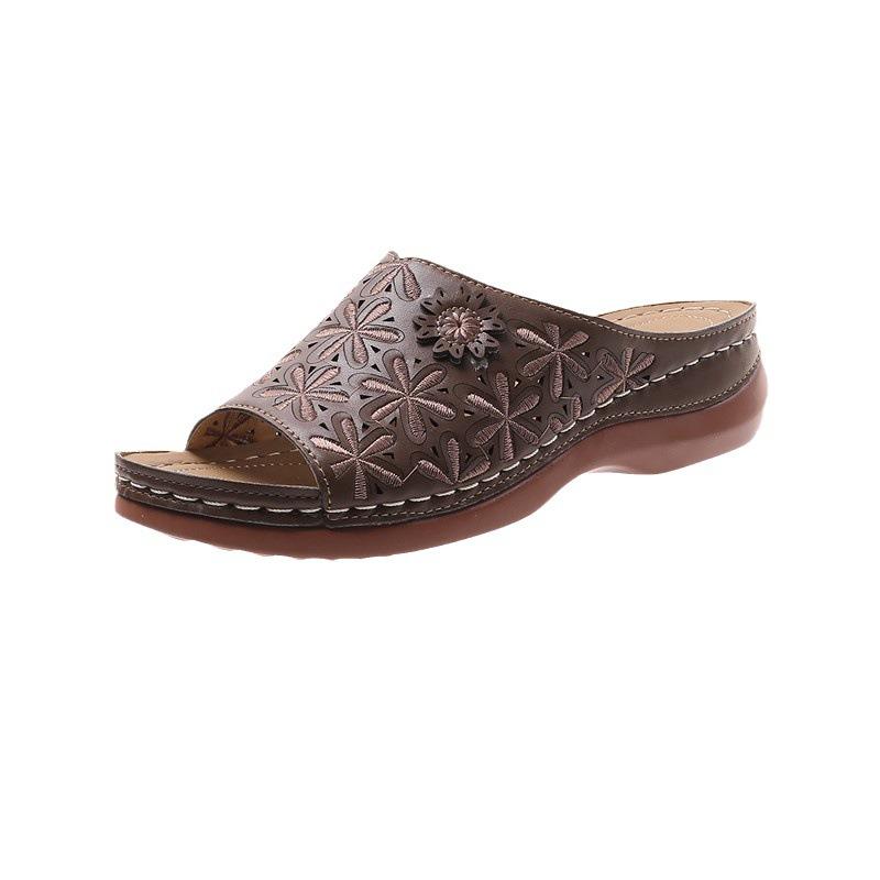 Round head retro solid color women's sandals hollow sewn wedges comfortable large size sandals