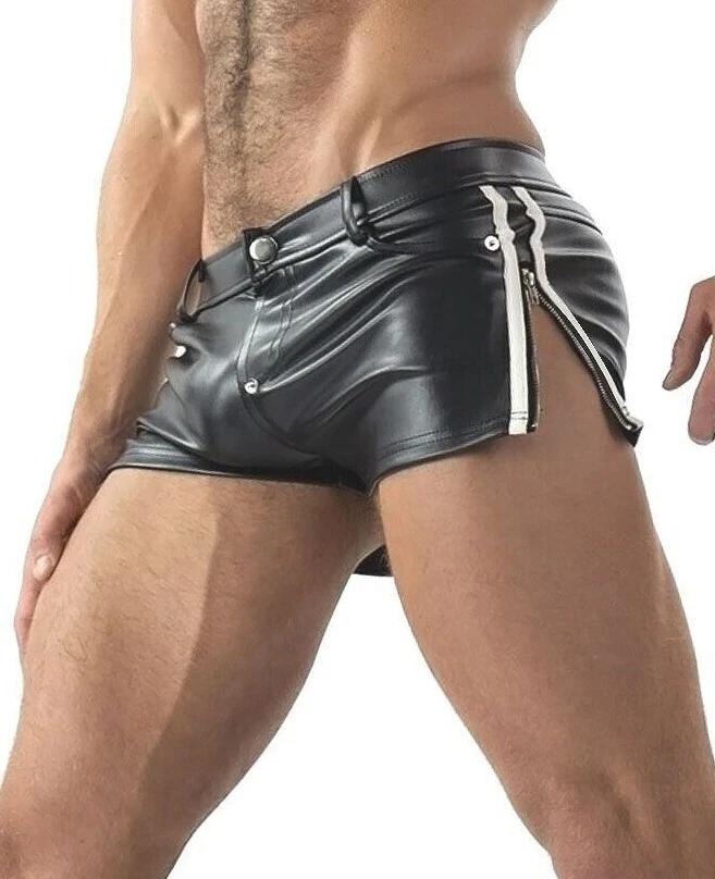 Leather Black Men Short Pants Soft Side Zip Lambskin Gym Sports Boxer Pocket