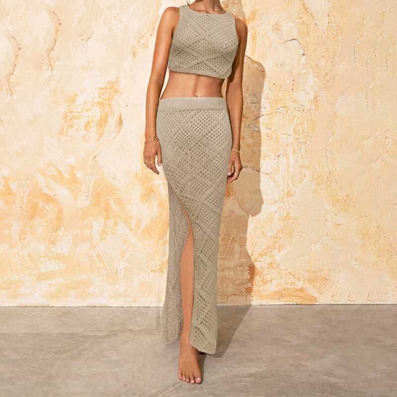 

Beach Blouse Beach Suit Women Solid Sexy Knitted Hollow out Bikinis Swimsuit Cover up Sun-Protective Clothing Beige Suit S
