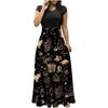 Women's Fashion Casual Halloween Print Round Neck Short-Sleeved Large Size Long Dresses