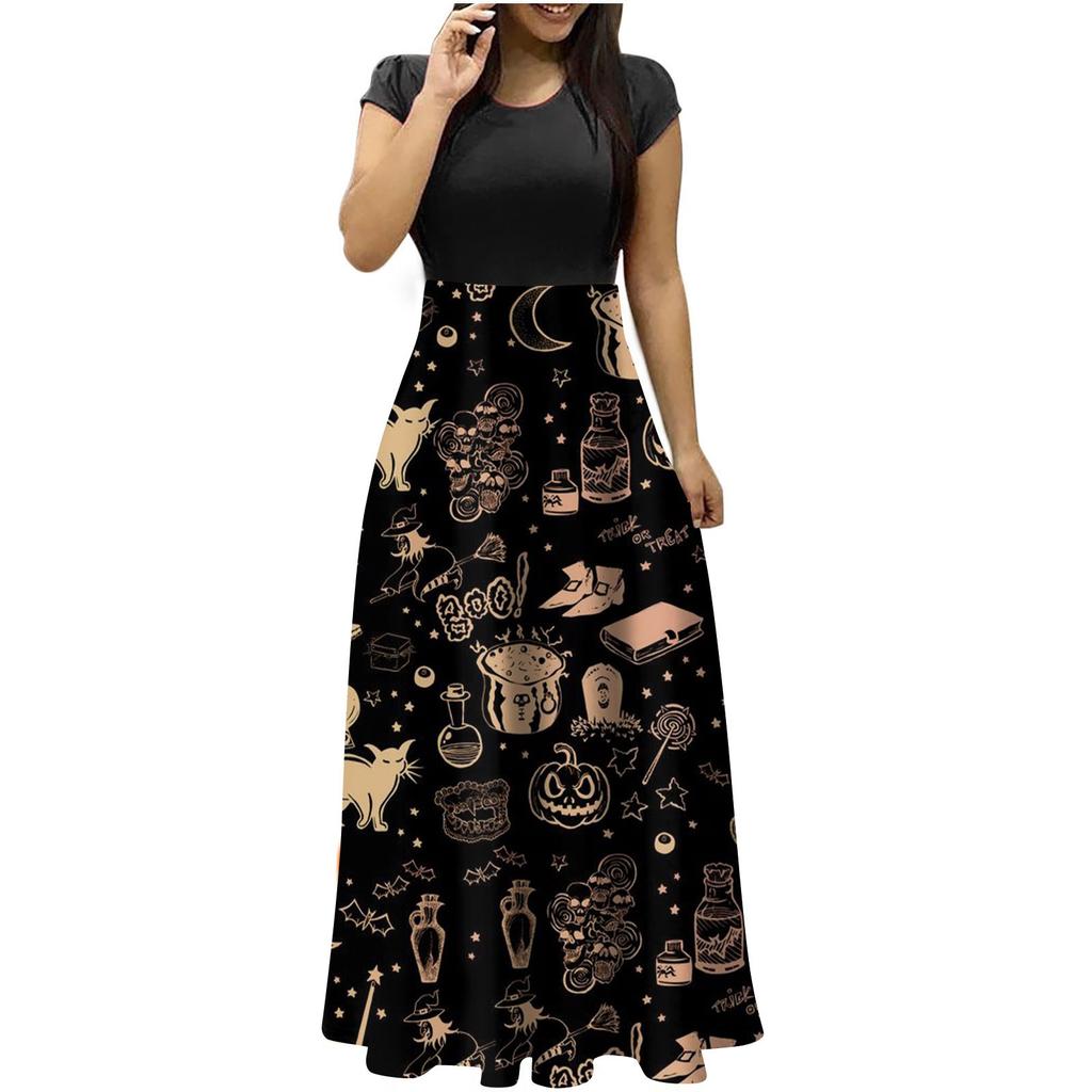 Women's Fashion Casual Halloween Print Round Neck Short-Sleeved Large Size Long Dresses