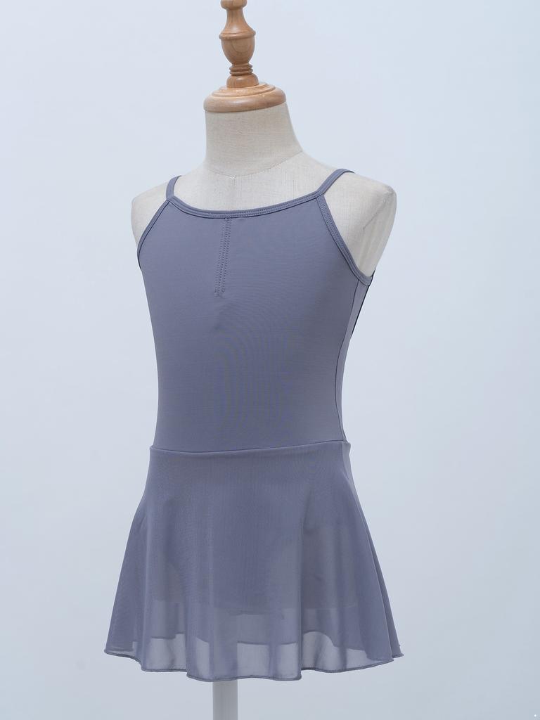 Girls Ballet Dance Dress Ruched Backless V Neck Suspenders Solid Color Exam Costume