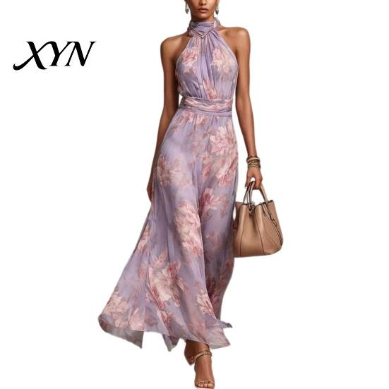 Tallening Body Shape Dress Floral Chiffon for Women, Halter Sleeveless Ruched Maxi Green Print Dress, Turtle Neck Wedding Guest Cocktail Evening