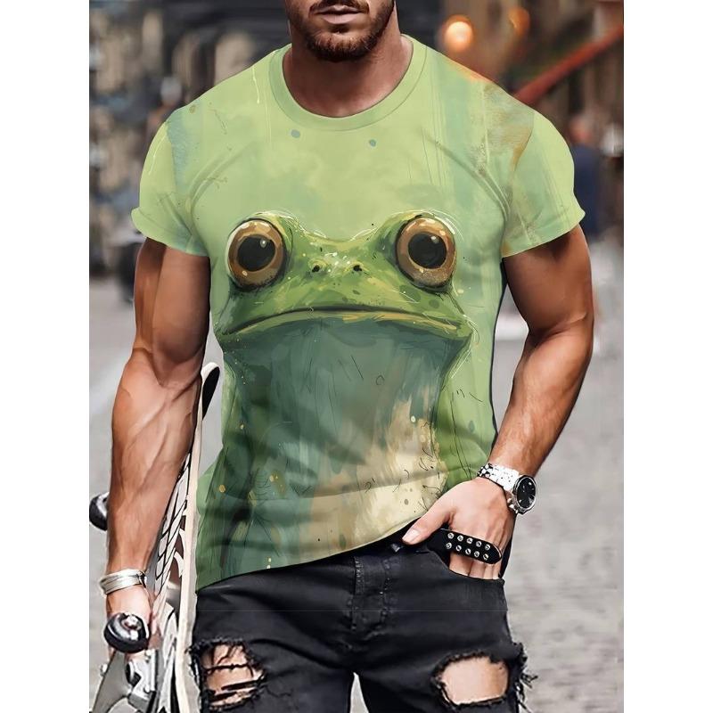 Men's Summer Elasticity Comfort Plus Size 3D Casual Frog Printed T-shirt- Soft Medium Stretch Polyester Fabric Summer Mens Relaxed Fit Clothing