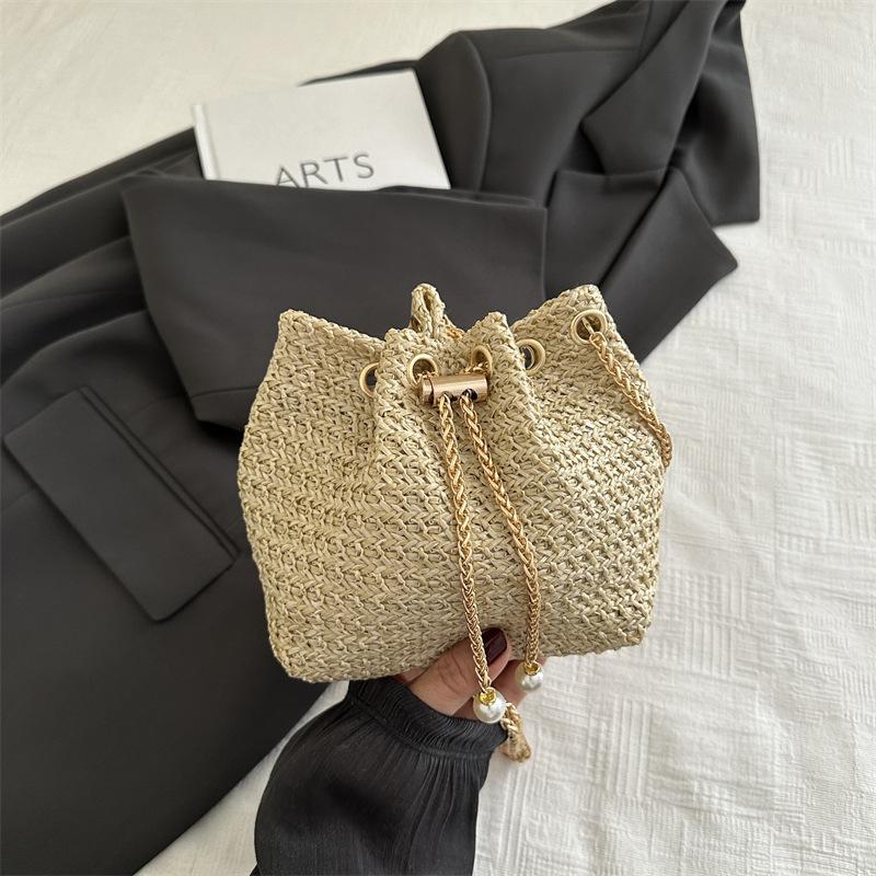 Straw Belt Chain Bucket Bag Women's New Summer Commuting Korean Simple Solid Color Shoulder Messenger Bag
