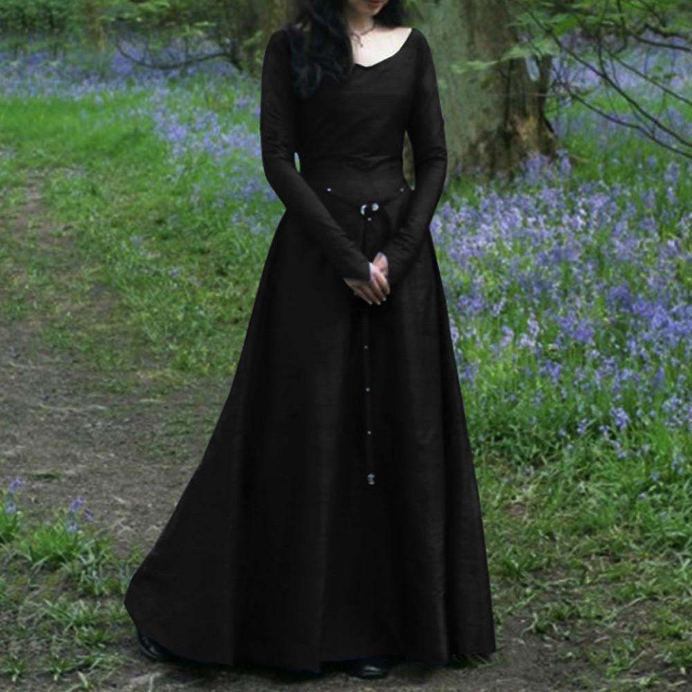 Women Plus Size Solid Vintage Long Sleeve Bandage Long Party Dress