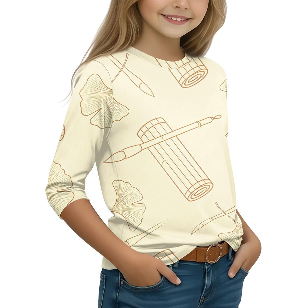 Children's Casual Printed 3/4 Sleeve Round Neck T-Shirt for Back to School Everyday Wear