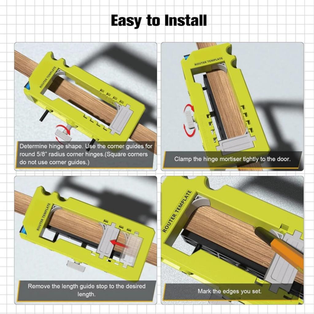 Türscharnier-Stemmer, Scharnier-Installationssatz, Router-Schablone, passend für Scharniere von 3 bis 5 Zoll, quadratische Ecken mit halbem Durchmesser, einstellbare Tiefe