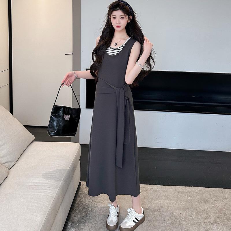 2026 Elegant Summer Striped Patchwork Maternity Tie-Up Tank Dress 2XL