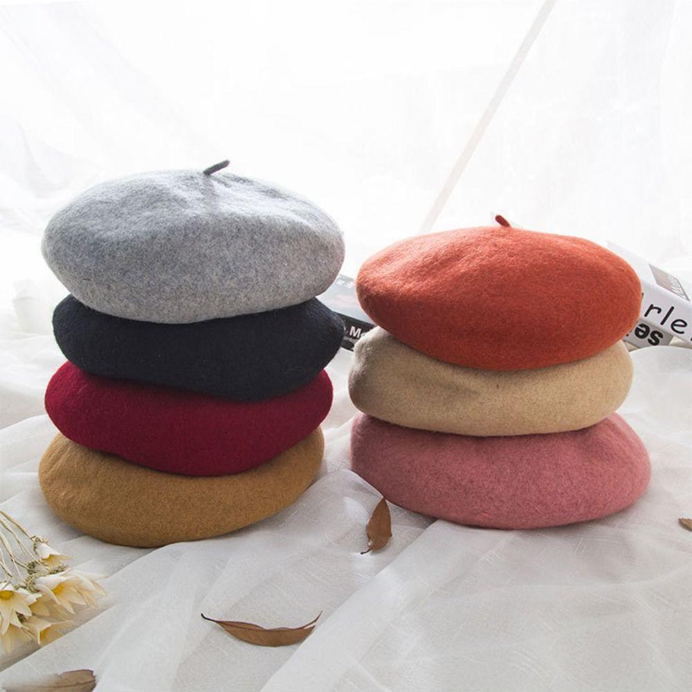 Elastic Women Wool Beret Plush Artistic Hat Vintage British Beanie Hat  Winter