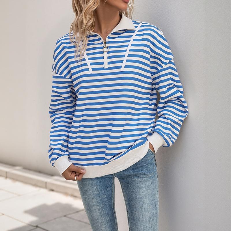 Autumn Long-sleeved Striped Loose T-shirt Casual Polo Collar Zipper Pullover Sweatshirt
