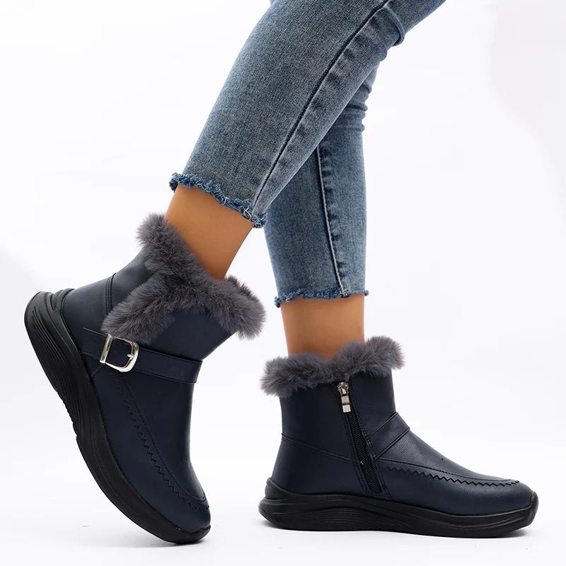 Women's Warm Winter Ankle Boots with Fur 2025 PU Leather Waterproof Snow Boots Woman Thick Plush Non Slip Cotton Shoes Plus Size