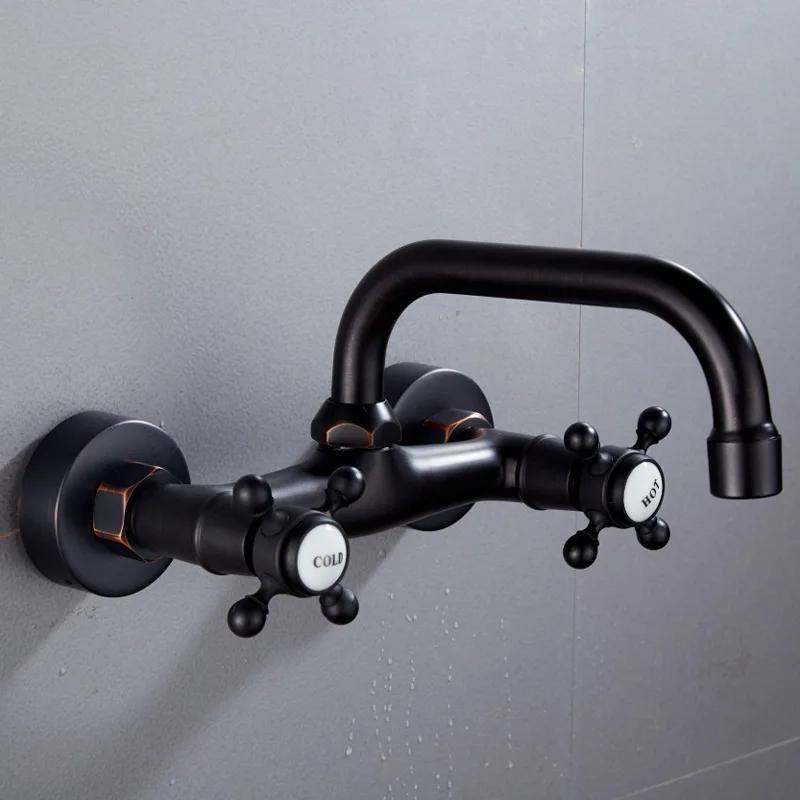 KEMAIDI Antique Brass Bathroom Basin Sink Faucet Tap Dual Handles Wall Mounted Hot Cold Water Mixer Tap 360 Swivel Spout Faucets