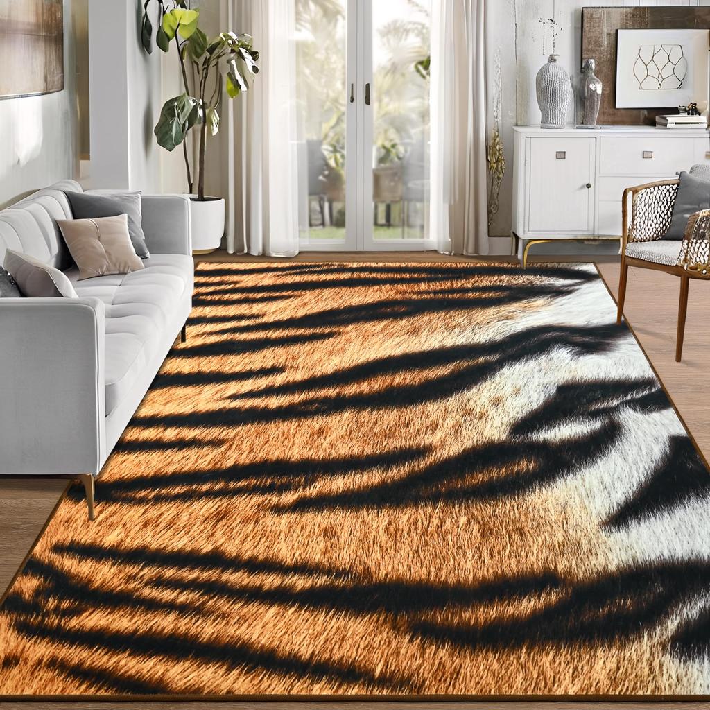 Teppich mit Tigerstreifen-Tierprint-Thema, rutschfeste Matte mit Wildleder-Design für Wohnzimmer & Schlafzimmer, kräftiger exotischer dekorativer Teppich