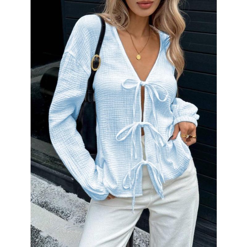 IHUASU Women's Fashion Casual Solid Color Print Long Sleeve V-Neck Blouses & Shirts