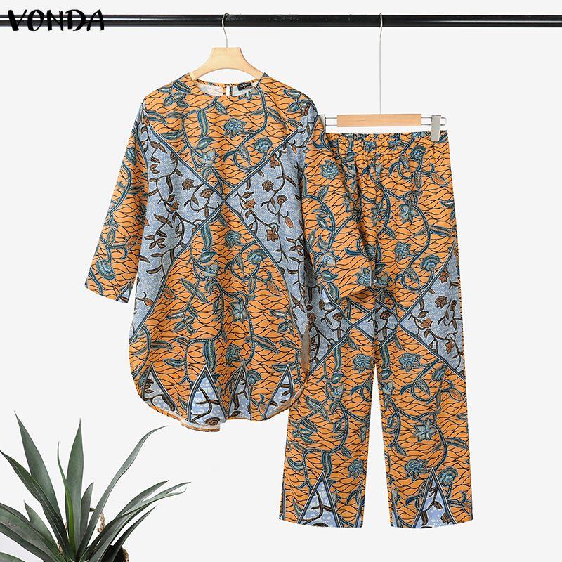 VONDA Oversized Women Long Sleeve Floral Print Tops and Straight Pants Bohemia Sets