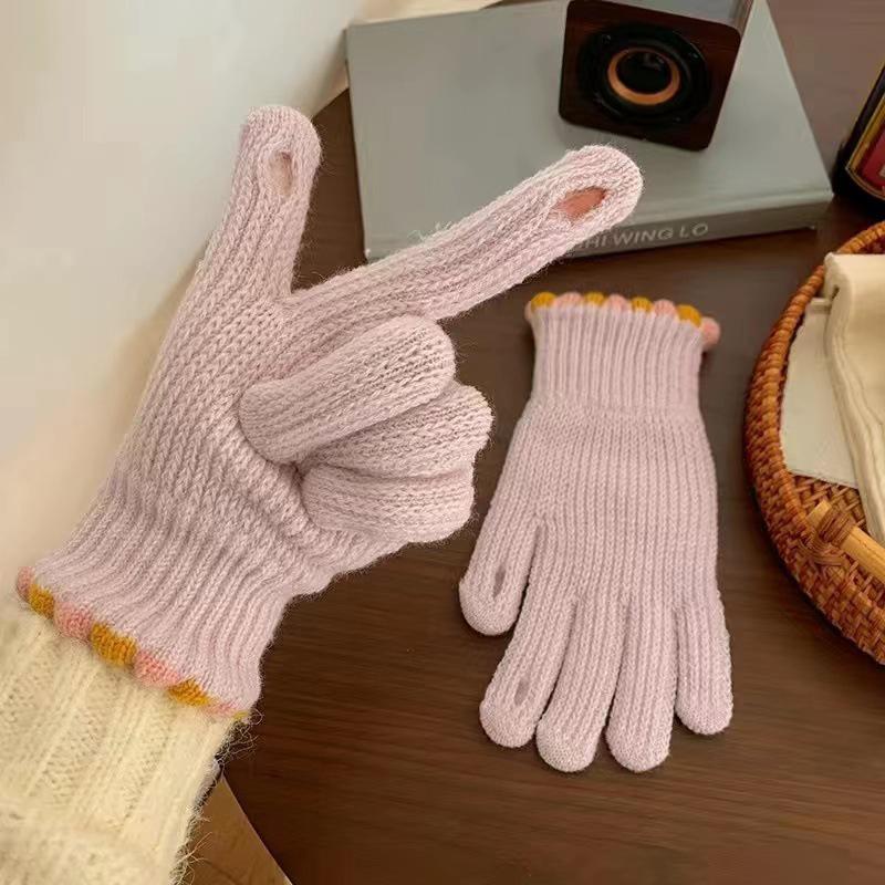 Autumn And Winter  Wool Knitted Gloves Fingerless Women'S Solid Color Warm Windproof Cycling Gloves With Touch Screen