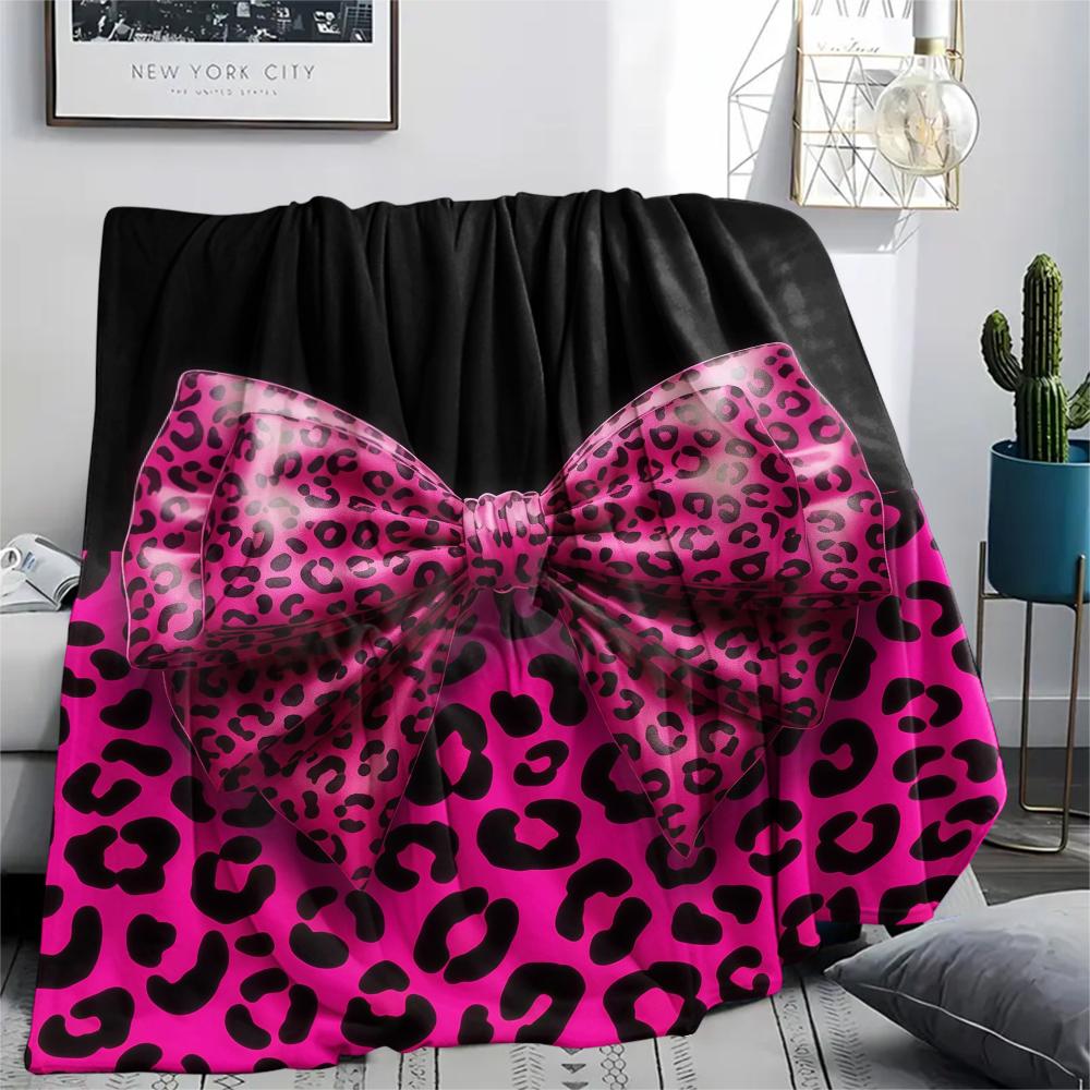 1Pc Pink&Black Bow Print Flannel Blanket, High quality Comfortable for All Seasons, Home Decor, Warmth and Comfort, Perfect for Christmas Gifts W28
