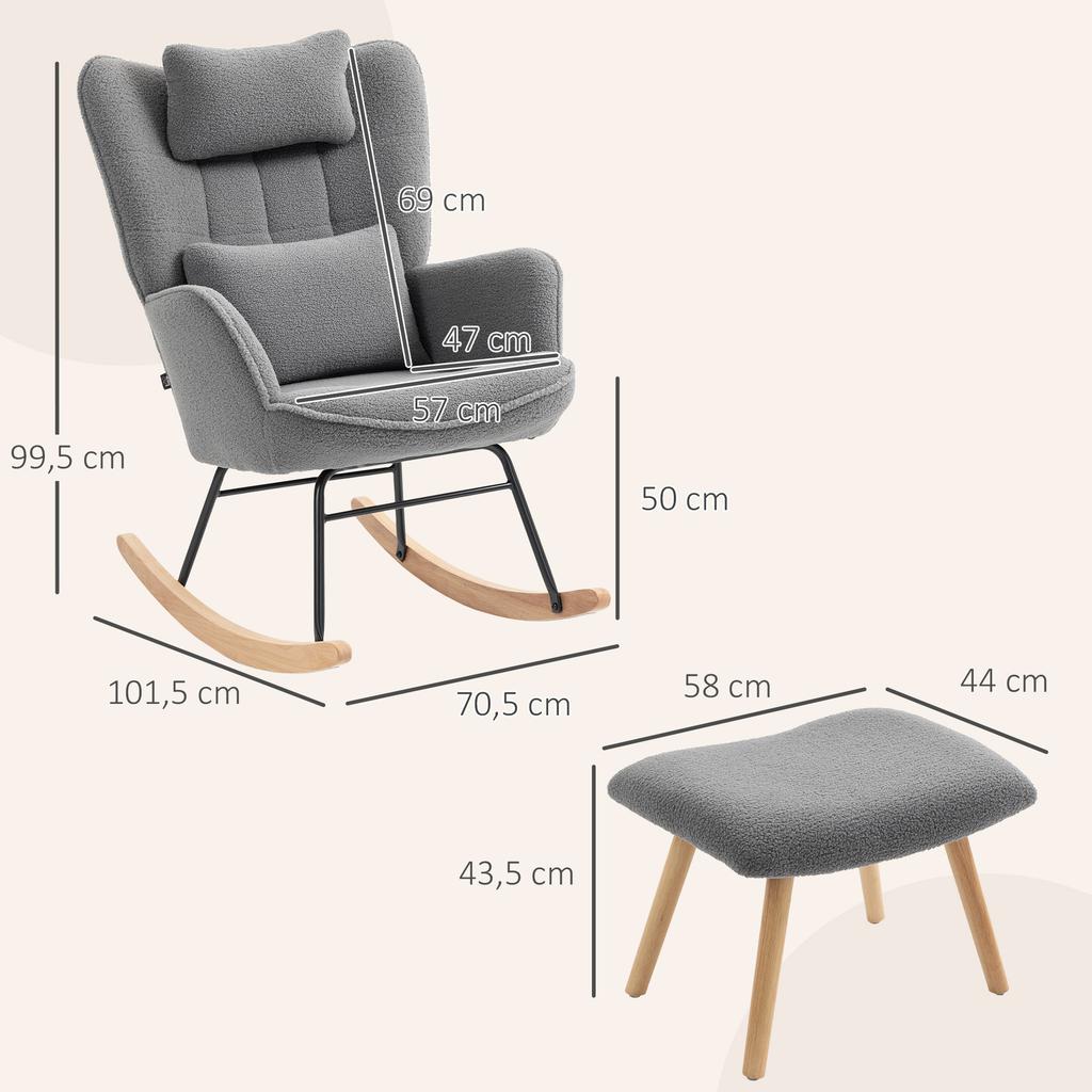 Rocking Chair With Footstool Soft Fleece Cover Wooden Legs Cushion High Backrest Rocking Armchair Dark Gray