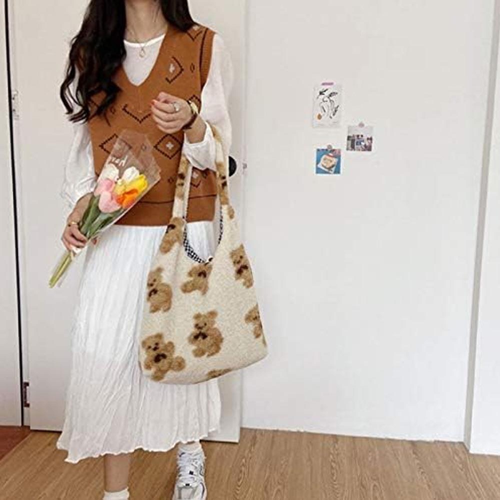 Женская Милая Плюшевая Сумка через плечо с Медведем Большая Сумка-тоут Кошелек Сумка — фото 6