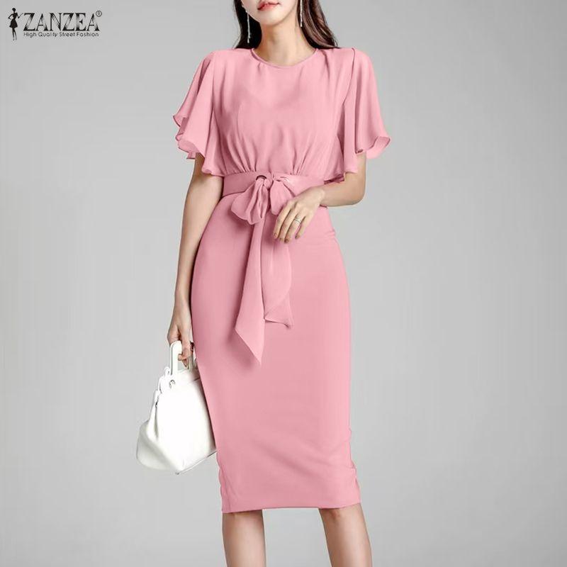 ZANZEA Women Elegant Casual Round Neck Short Sleeve Sheath Dress
