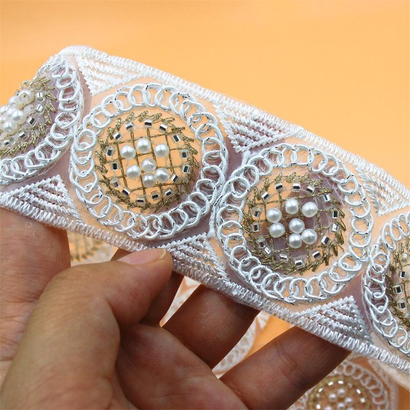 1 Yards 4.5cm Wide Organza Embroidered Lace Ribbon Bridal Gown Pearl Beaded Lace Trim Materials, DIY Clothing Accessories