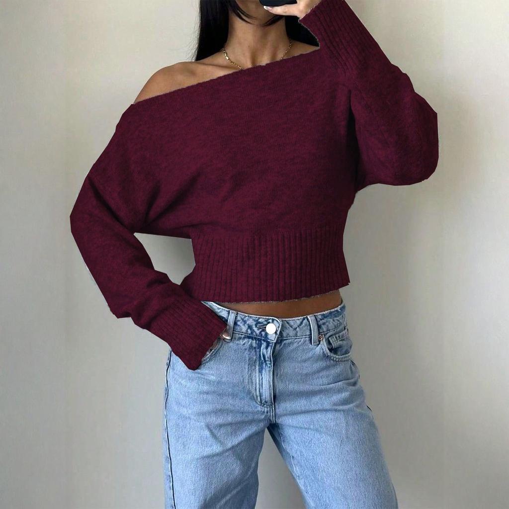 Women's Casual Fashion Off,Shoulder Color Short High,Waisted Slimming Sweater