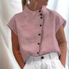 Stand Color Buttons Summer Women Blouse Casual Loose Fashion Shirts Solid Color Office Streetwear Simple Short Sleeve Tops New Sweet Clothing