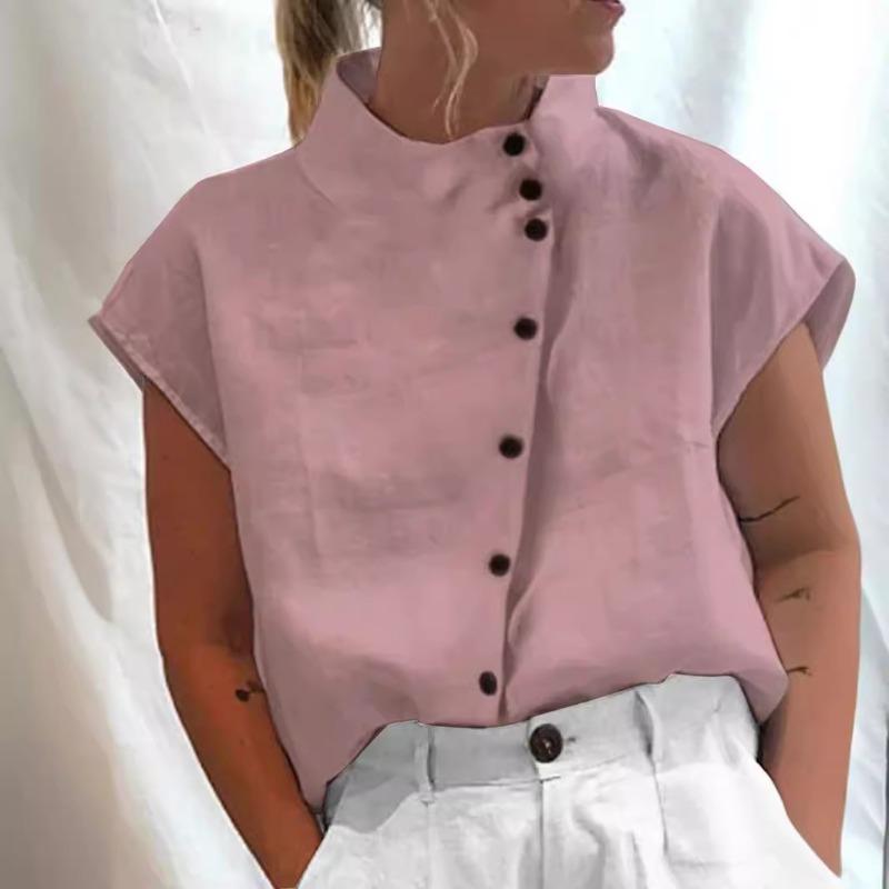 Stand Color Buttons Summer Women Blouse Casual Loose Fashion Shirts Solid Color Office Streetwear Simple Short Sleeve Tops New Sweet Clothing