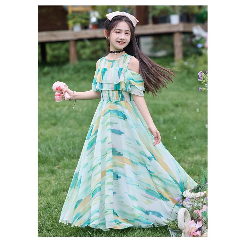 Mädchen Kinder Blumenmuster Kurzarm Chiffon Prinzessin Lang Sommerkleid