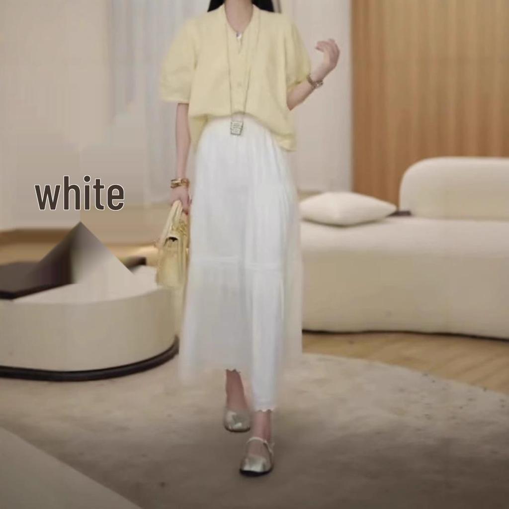 Women's White High Waist Pleated Lace Patchwork Midi Skirt - Summer A-Line Swing