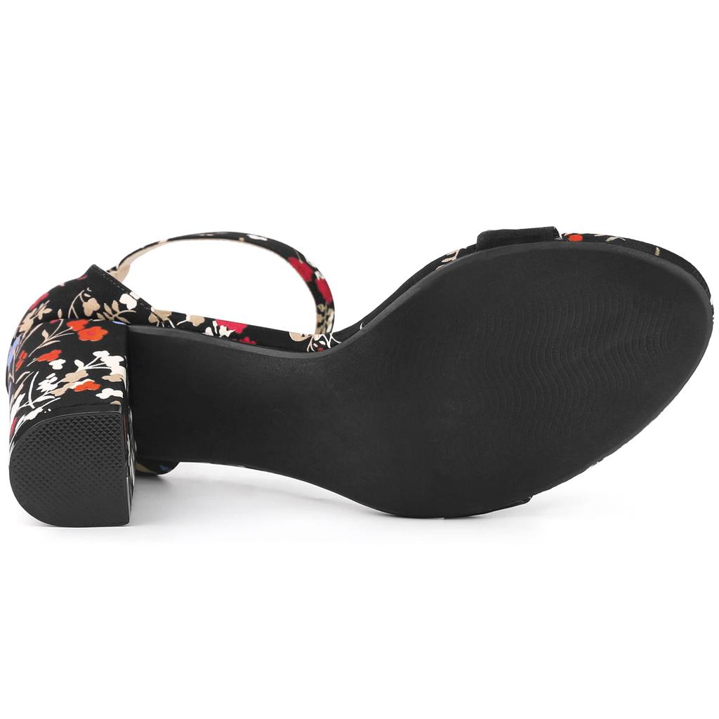 Allegra K Women's Open-Toe Ankle Strap Sandals with Chunky Heels, Black Flowers, Size 26.0cm