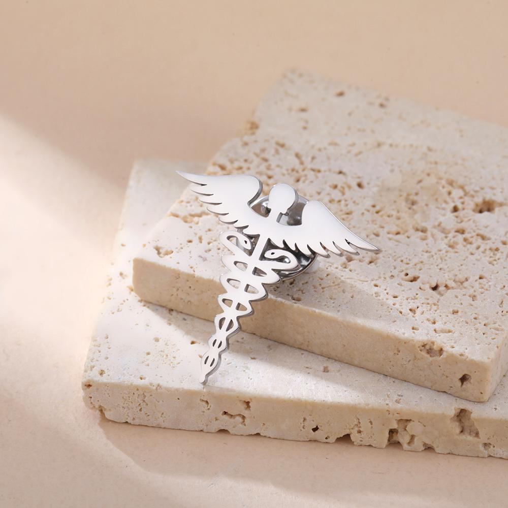 Dawapara Caduceus Symbol Brooch Pin Medical Symbol Accessories Travelers Talisman Graduation Gift Stainless Steel Jewelry