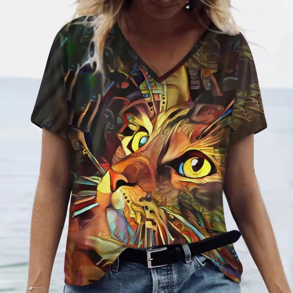V Neck Tshirt Streetwear Y2k Clothes Women Summer Casual Oversize Dazzle Color Cats Print Shirt Short Sleeve Top Vintage Female