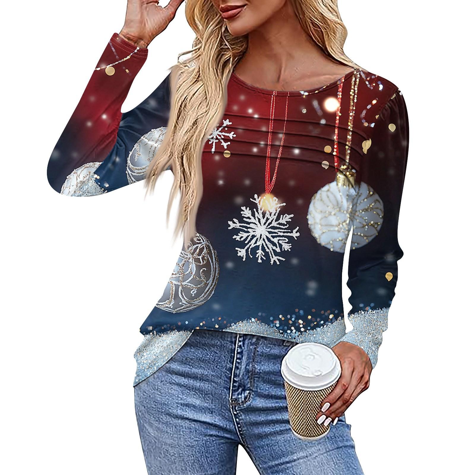 Женская повседневная модная футболка с круглым вырезом и длинными складками на Рождество — фото 4