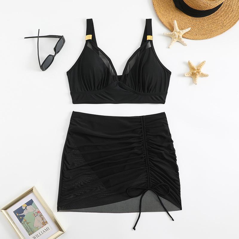 New Summer Women's Bikini Three Piece Swimsuit Sexy Mesh Drawstring Women's Split Swimsuit