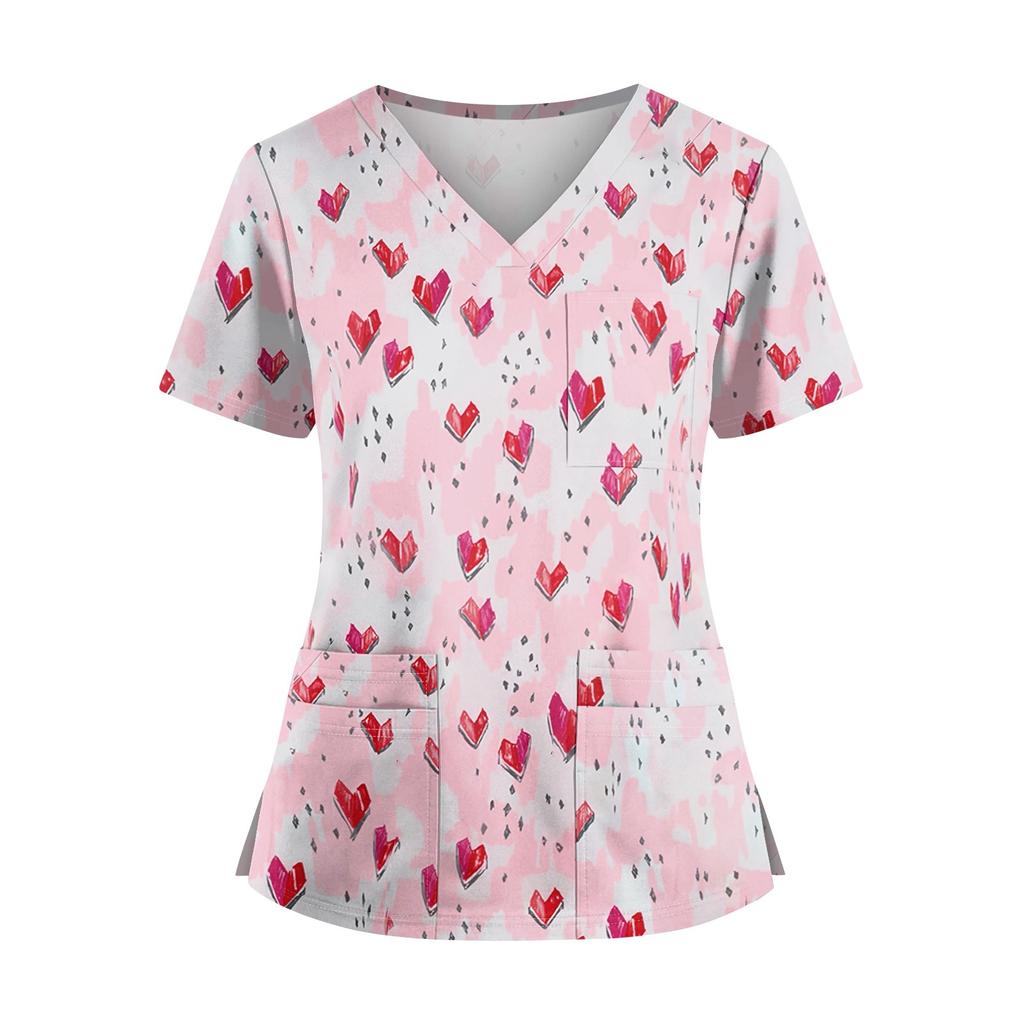 Plus SizePrinted Scrub Working Uniform Tops For Women's Cross V-Neck Halloween Print Short Sleeve Fun T-Shirts Workwear Tee With Pockets