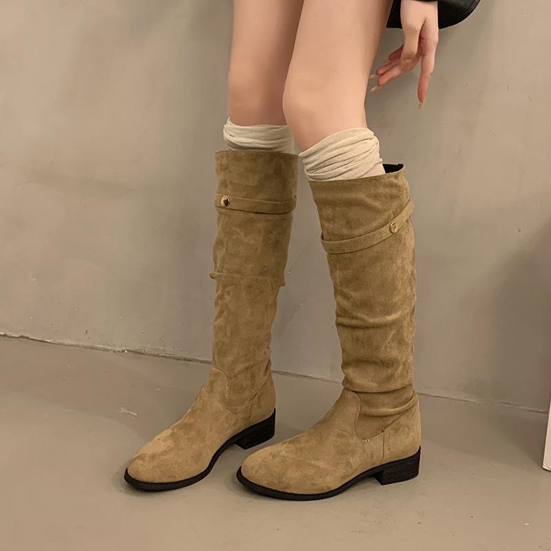 Französische Stiefel mit dickem Absatz aus aprikosenfarbenem Wildleder für Damen, 2025 neu, vielseitige dünne lange Stiefel für Frühling, Herbst und Winter