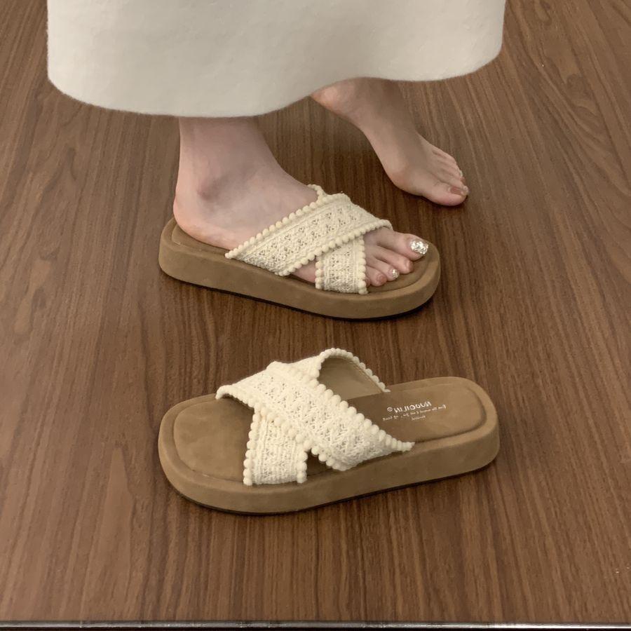 

Thick-bottomed woven cross-strapped open-toed slippers women s summer outer wear seaside vacation yellow beach cool slippers children 40 абрикосовый