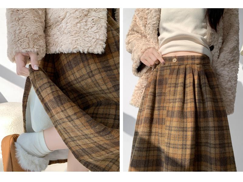 Korean Retro Plaid Woolen A-line Skirt for Women - High Waist Winter Long Skirt