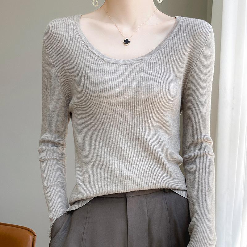 Crew Neck Sweater Tight Long-sleeved Inner with Large U-neck Knitted Sweater Early Autumn New Basic Versatile Solid Color Bottoming Shirt Women