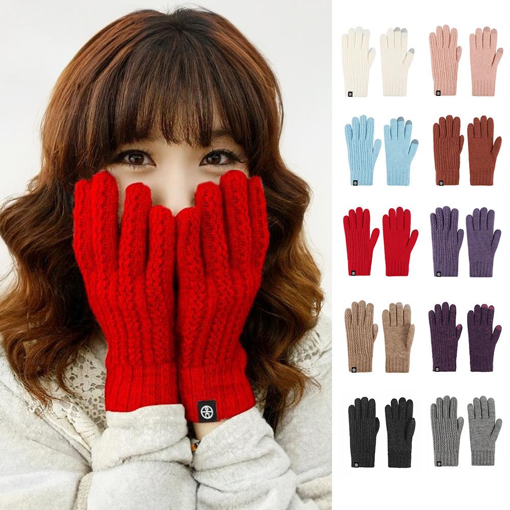 Autumn and Winter Warm Gloves for Women Outdoor Cold Protection Double Layer Thickened Solid Color Knitted Gloves for Cycling Touch Screen Yarn Gloves